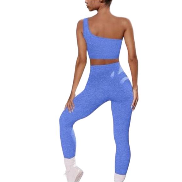 New 2 Piece Seamless Blue High Waist Leggings One Shoulder Sports Bra Outfit - Picture 2 of 5